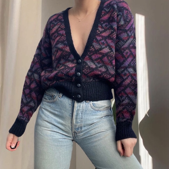 Vintage Cardigan Sweater Mohair Aztec Southwestern Patterned V Neck Button Up M - Picture 3 of 8